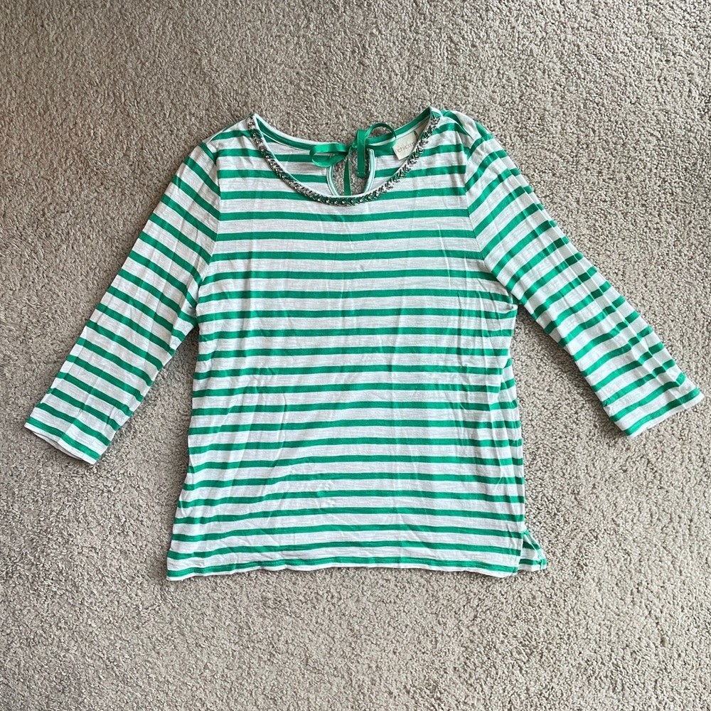 Chico's Striped Kelly Green Bead Sparkle Casual Long Sleeve Top Size 2 (Large)